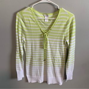 Caché Green & White Stripe V Neck Long Sleeve Top-Md